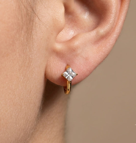 Anti Tarnish Earrings Square Solitaire Hoop 18K Gold Plated