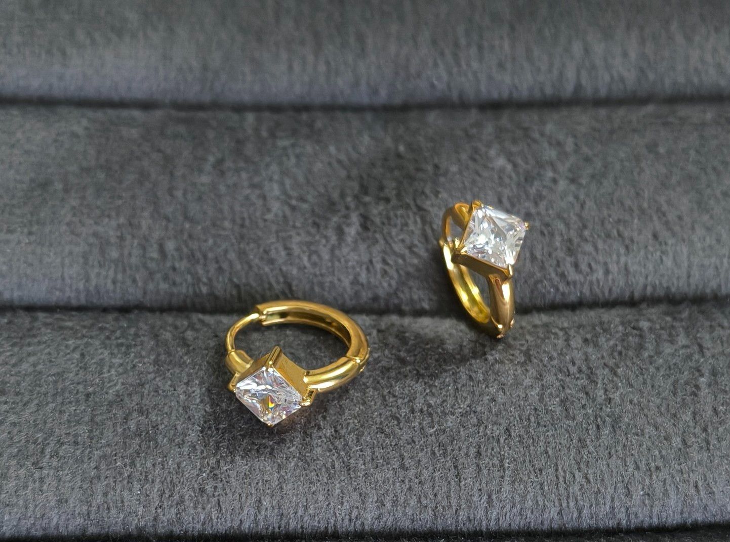 Anti Tarnish Earrings Square Solitaire Hoop 18K Gold Plated