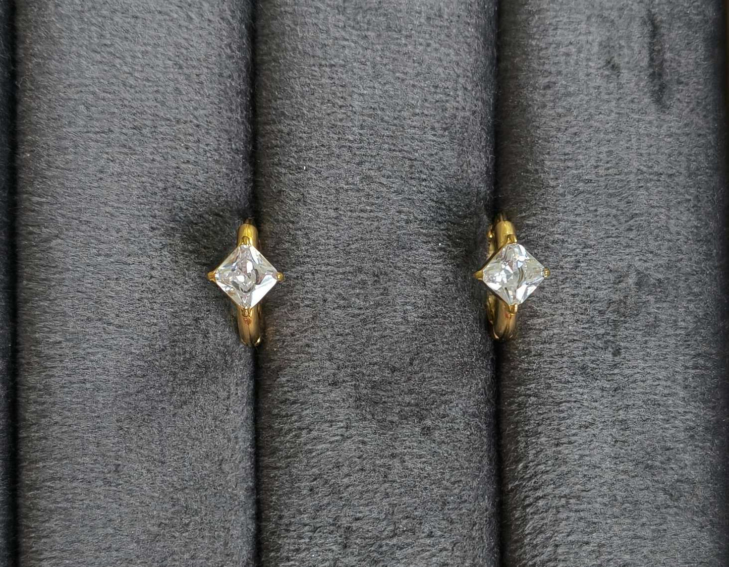 Anti Tarnish Earrings Square Solitaire Hoop 18K Gold Plated