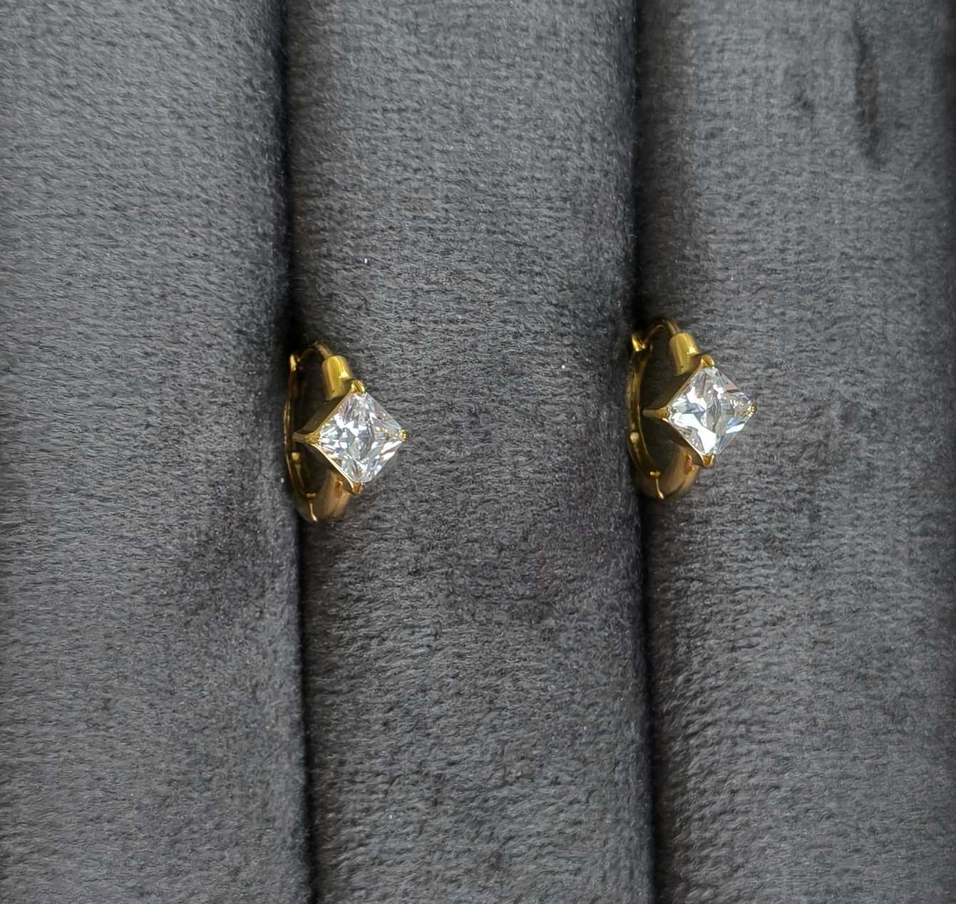 Anti Tarnish Earrings Square Solitaire Hoop 18K Gold Plated