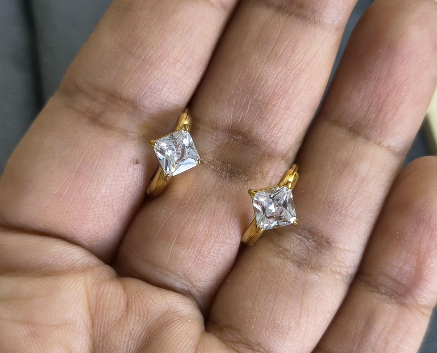 Anti Tarnish Earrings Square Solitaire Hoop 18K Gold Plated