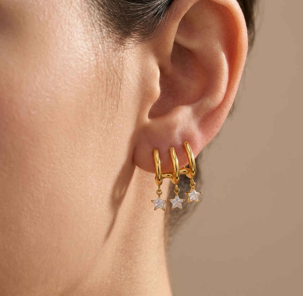 Anti Tarnish Earrings Star Charms Stud 18K Gold Plated