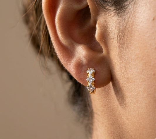 Anti Tarnish Earrings Trio Diamond Hoop 18K Gold Plated