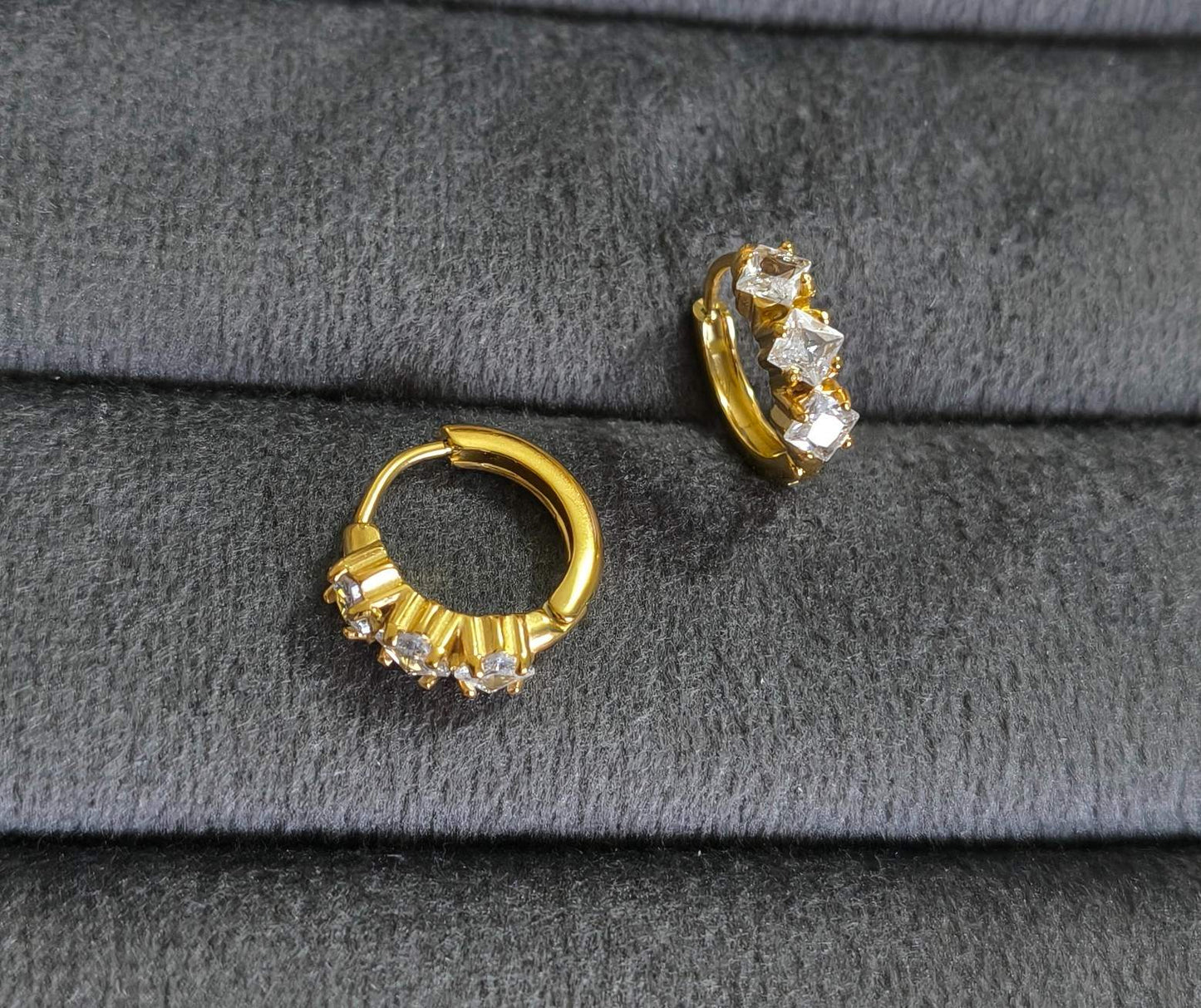 Anti Tarnish Earrings Trio Diamond Hoop 18K Gold Plated