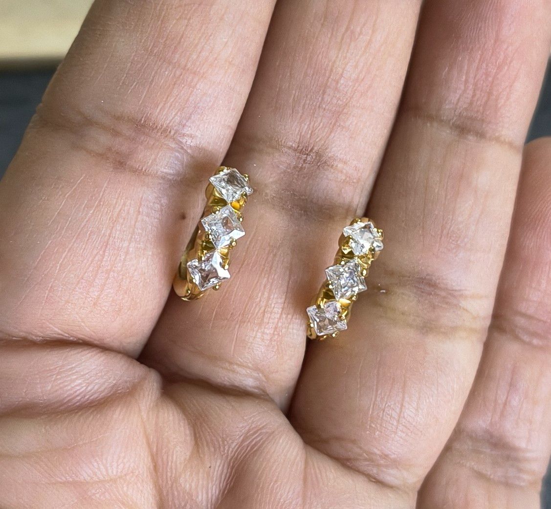 Anti Tarnish Earrings Trio Diamond Hoop 18K Gold Plated