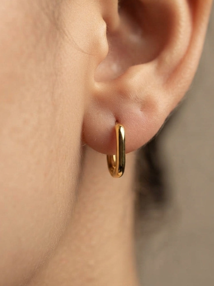 Anti Tarnish Earrings Unisex Rectangle Hoop 18K Gold Plated