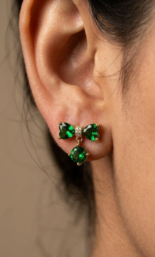 Anti Tarnish Emerald Bow Stud Earrings 18K Gold Plated