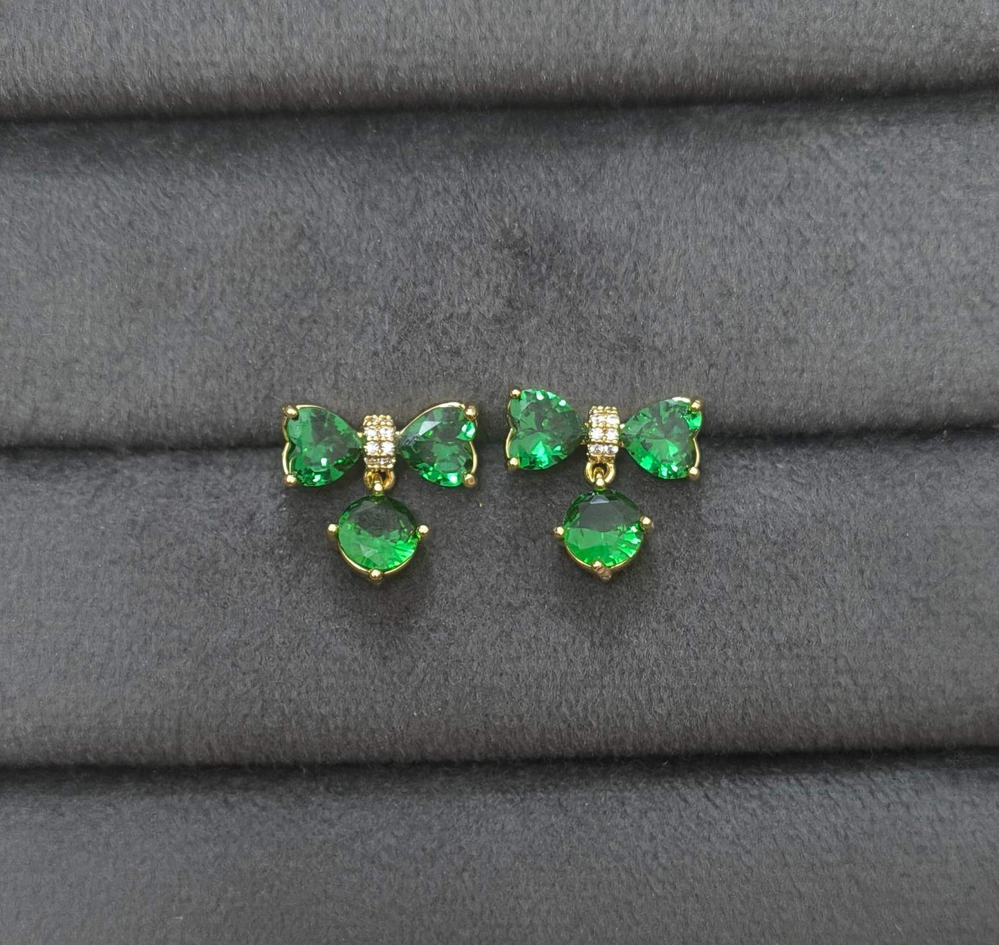 Anti Tarnish Emerald Bow Stud Earrings 18K Gold Plated