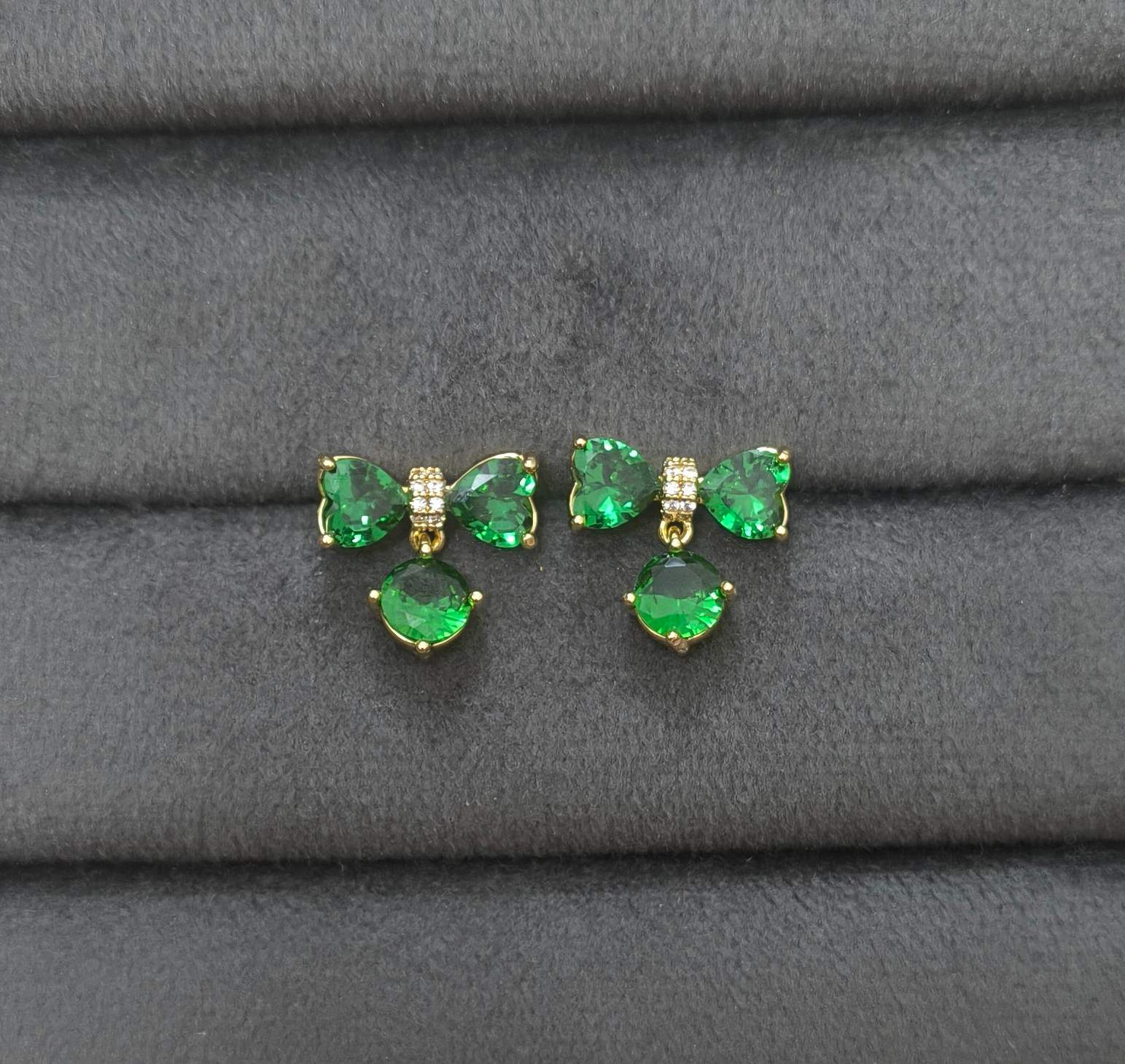 Anti Tarnish Emerald Bow Stud Earrings 18K Gold Plated