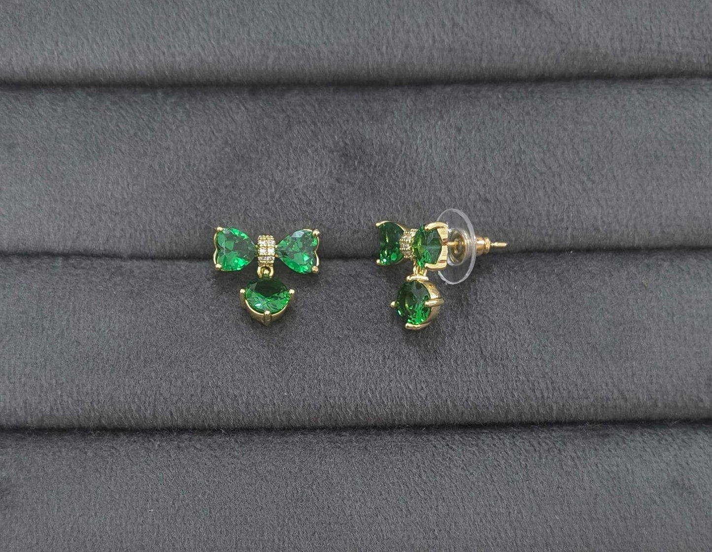 Anti Tarnish Emerald Bow Stud Earrings 18K Gold Plated
