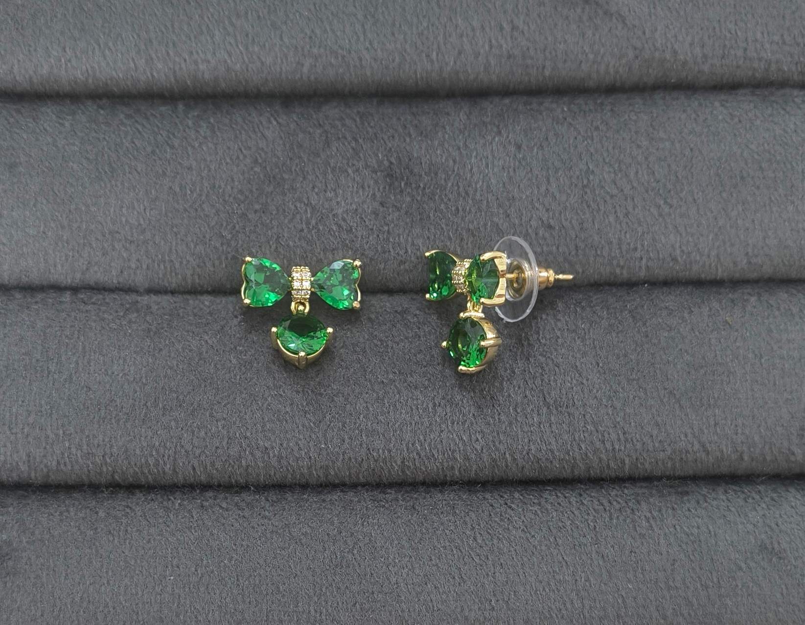 Anti Tarnish Emerald Bow Stud Earrings 18K Gold Plated