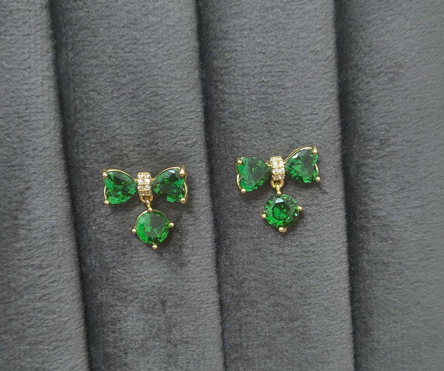 Anti Tarnish Emerald Bow Stud Earrings 18K Gold Plated