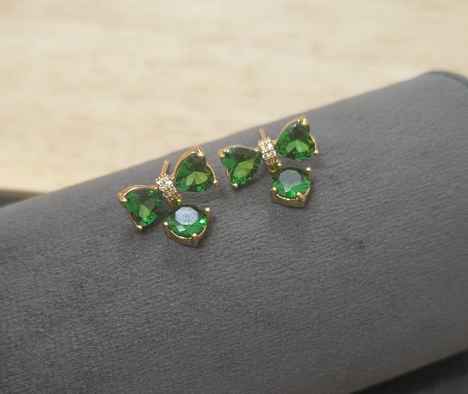 Anti Tarnish Emerald Bow Stud Earrings 18K Gold Plated
