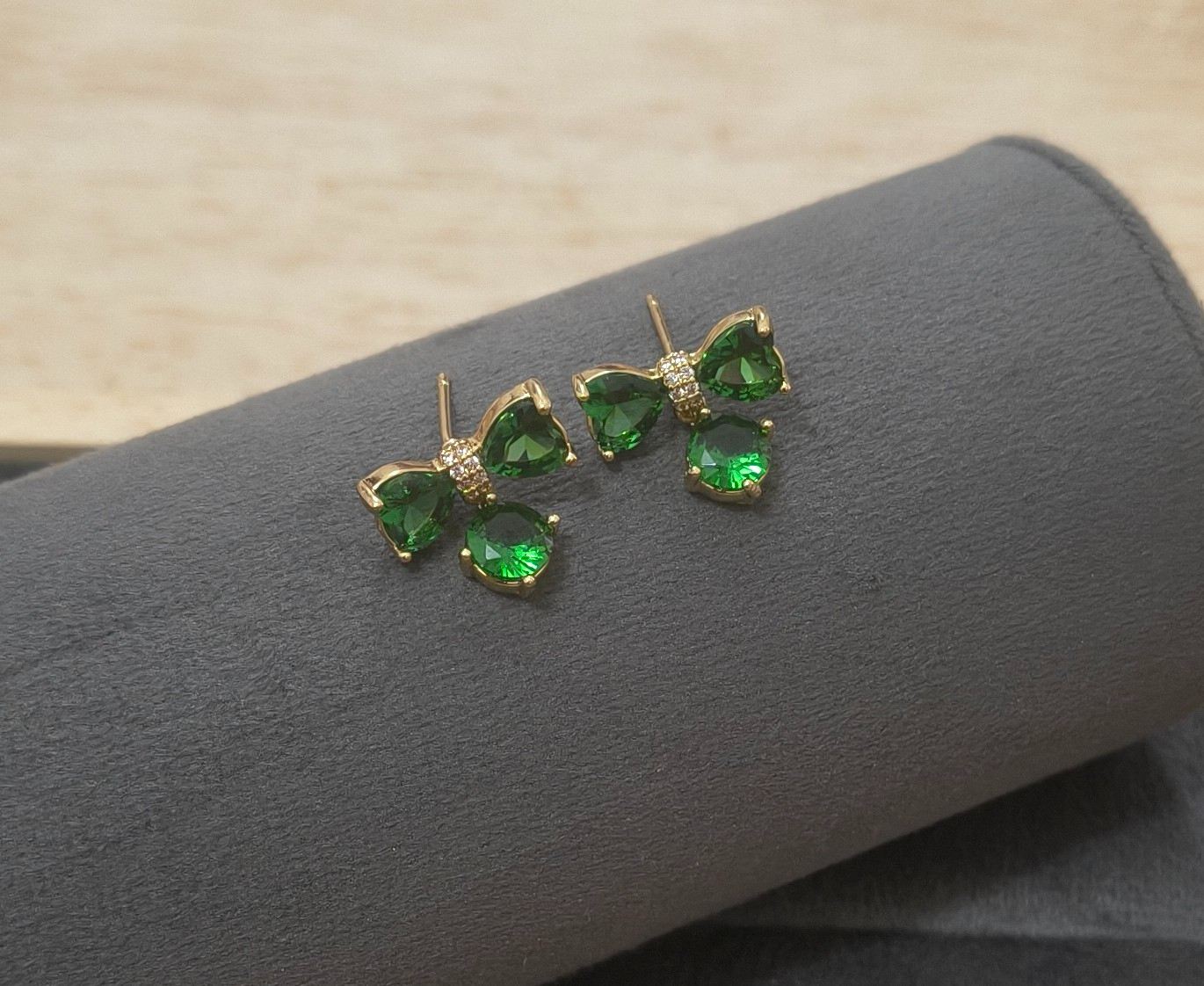 Anti Tarnish Emerald Bow Stud Earrings 18K Gold Plated