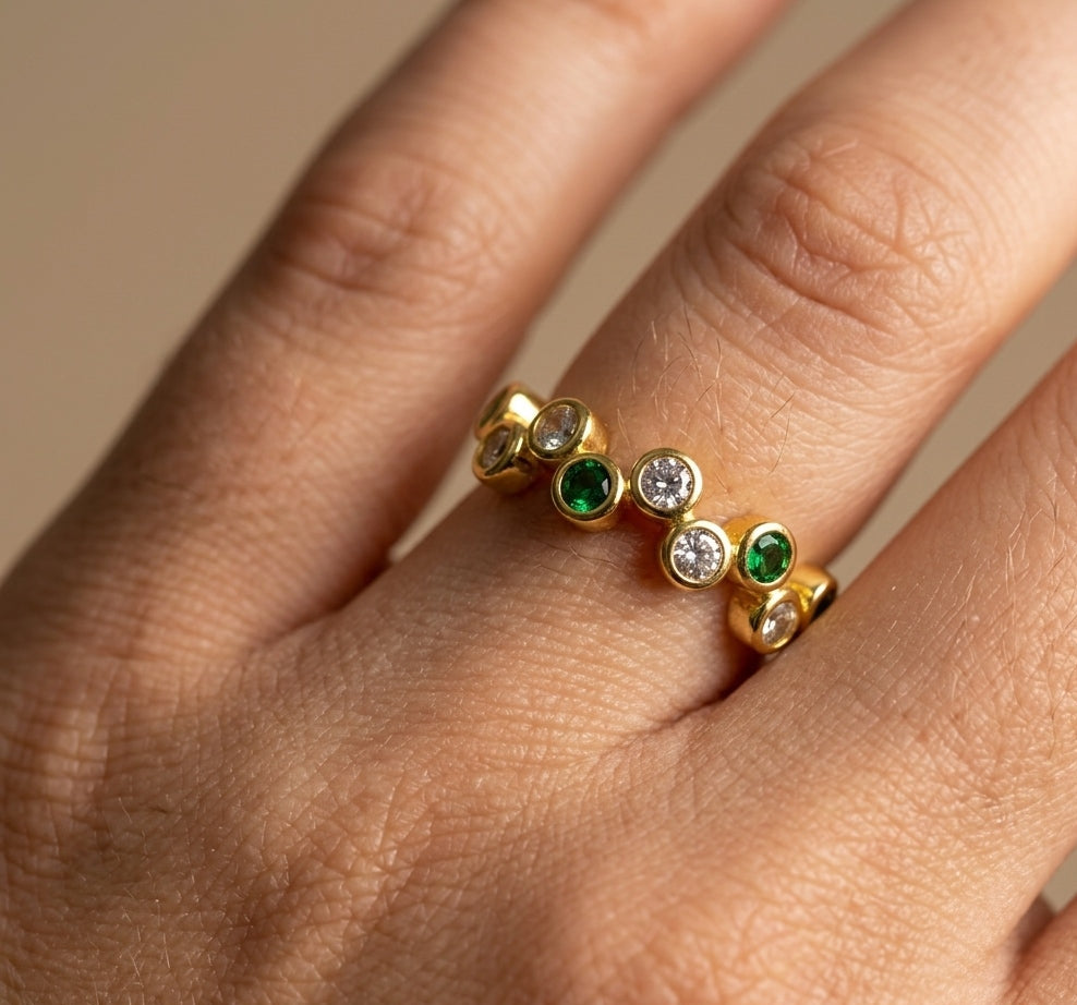 Anti Tarnish Emerald Bubble Cluster Ring 18K Gold Plated