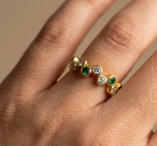 Anti Tarnish Emerald Bubble Cluster Ring 18K Gold Plated