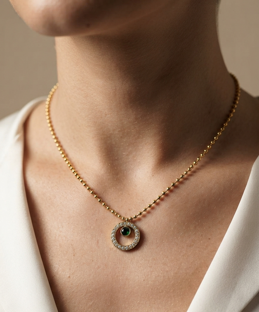 Anti Tarnish Emerald Crystal Pendant Necklace 18K Gold Plated