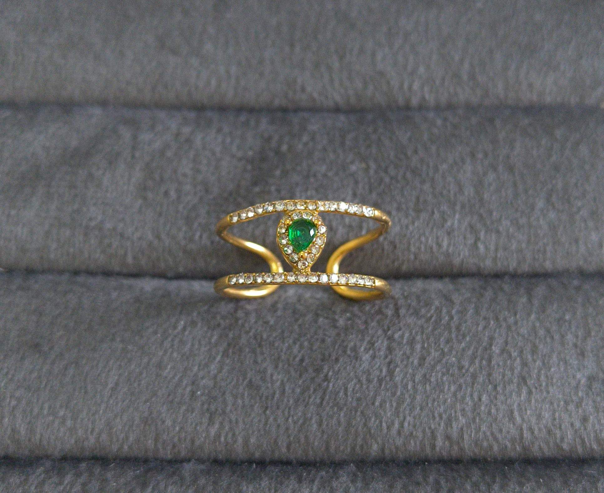 Anti Tarnish Emerald Diamond Ring 18K Gold Plated