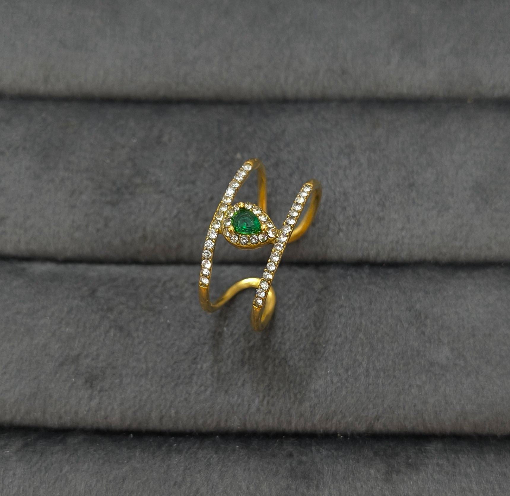 Anti Tarnish Emerald Diamond Ring 18K Gold Plated