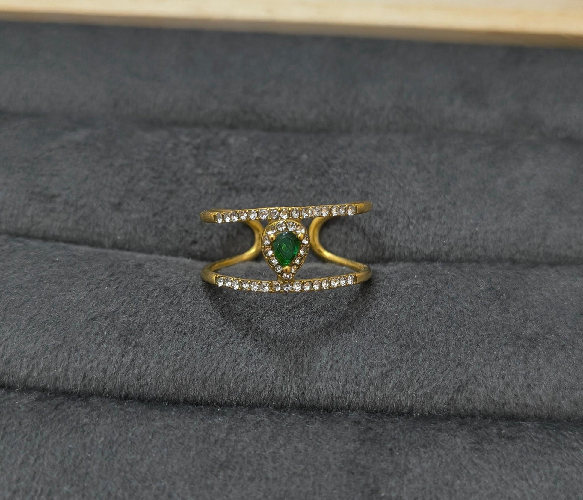 Anti Tarnish Emerald Diamond Ring 18K Gold Plated