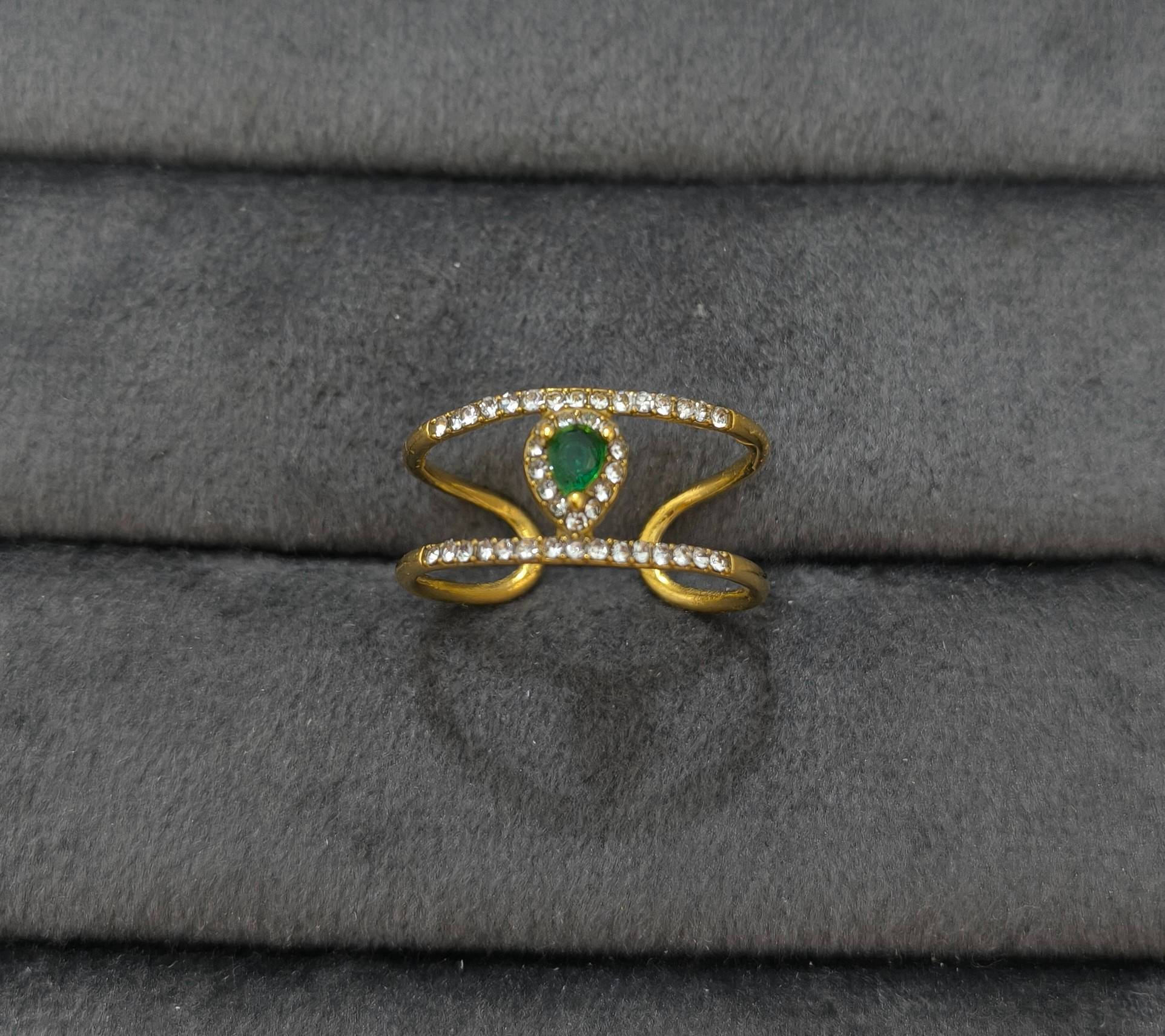 Anti Tarnish Emerald Diamond Ring 18K Gold Plated