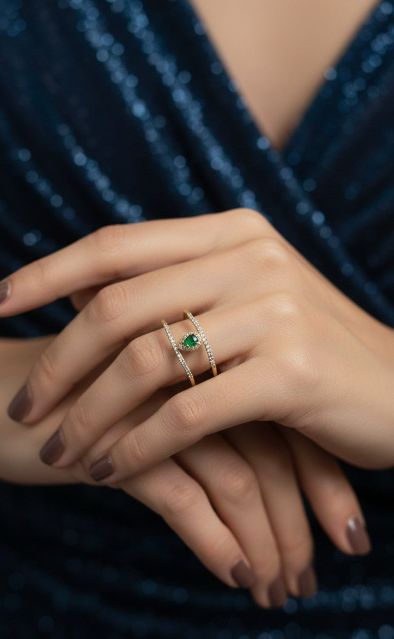 Anti Tarnish Emerald Diamond Ring 18K Gold Plated