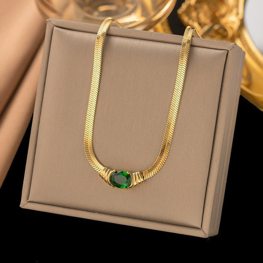Anti Tarnish Emerald Pendant Heavy Snake Chain Necklace