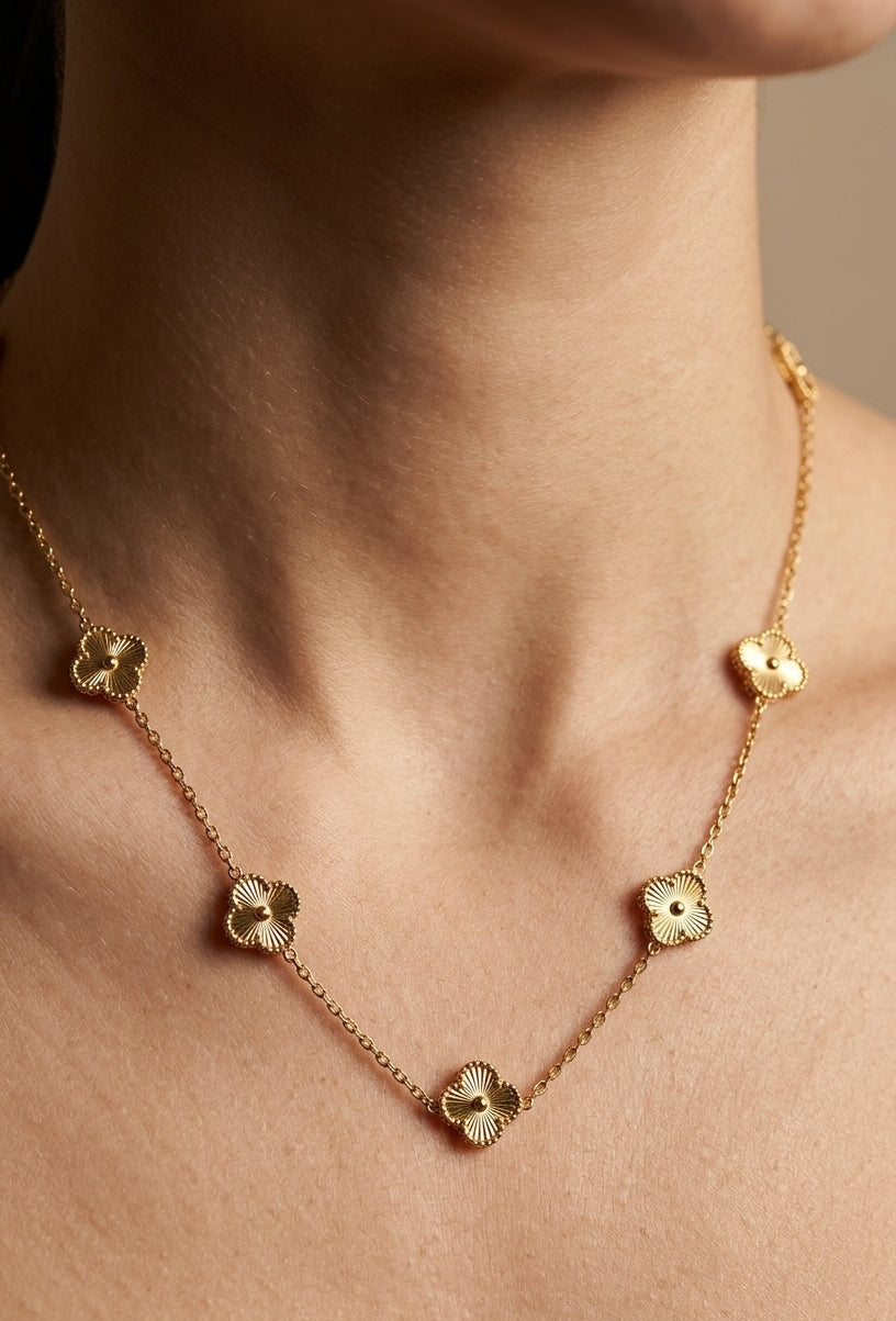 Anti Tarnish Five Golden Clover Chain Necklace 18K Gold Plated