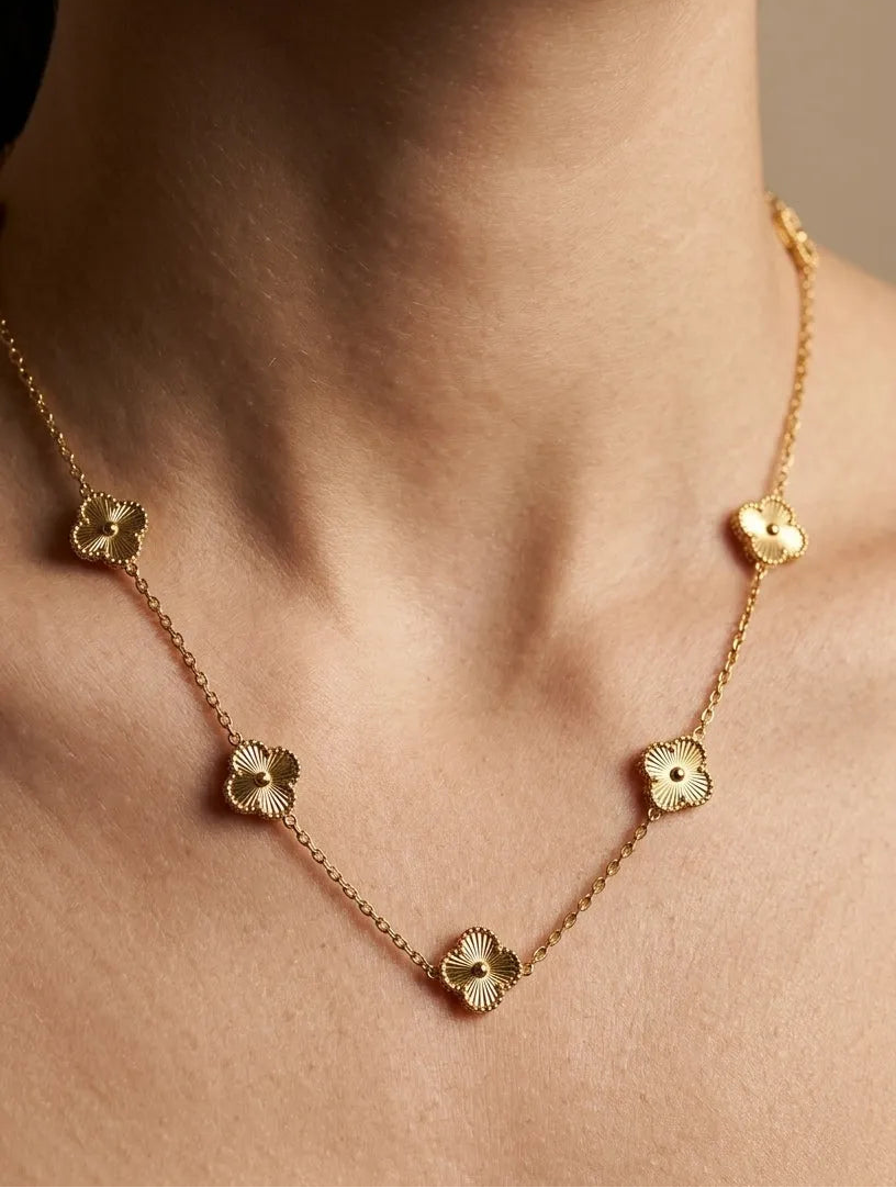 Anti Tarnish Five Golden Clover Chain Necklace 18K Gold Plated