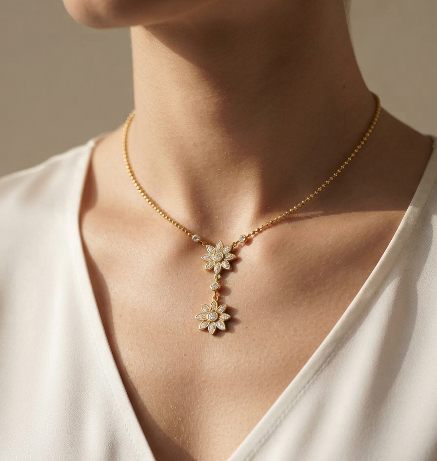 Anti Tarnish Floral Diamonds Necklace 18K Gold Plated