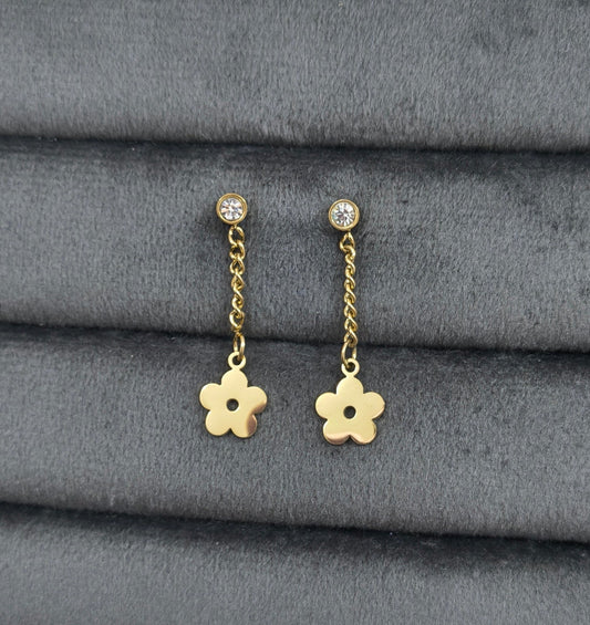 Anti Tarnish Floral Long Chain Earrings 18K Gold Plated