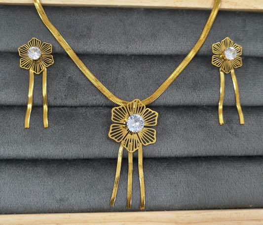 Anti Tarnish Floral Necklace Earring Combo Set 18K Gold Plated