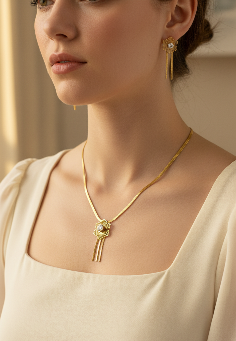 Anti Tarnish Floral Necklace Earring Combo Set 18K Gold Plated