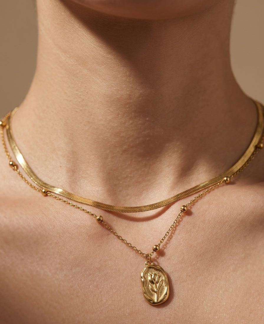 Anti Tarnish Floral Pendant Layered Necklace 18K Gold Plated