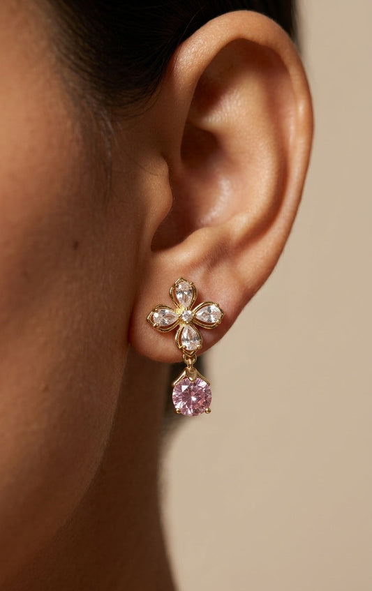 Anti Tarnish Floral Pink Stone Drop Earring 18K Gold Plated