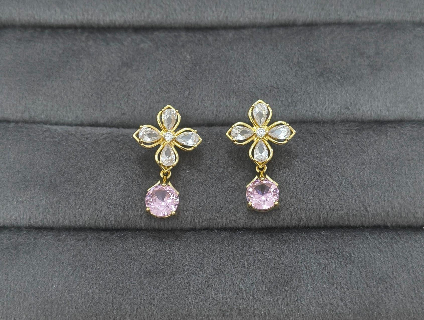 Anti Tarnish Floral Pink Stone Drop Earring 18K Gold Plated