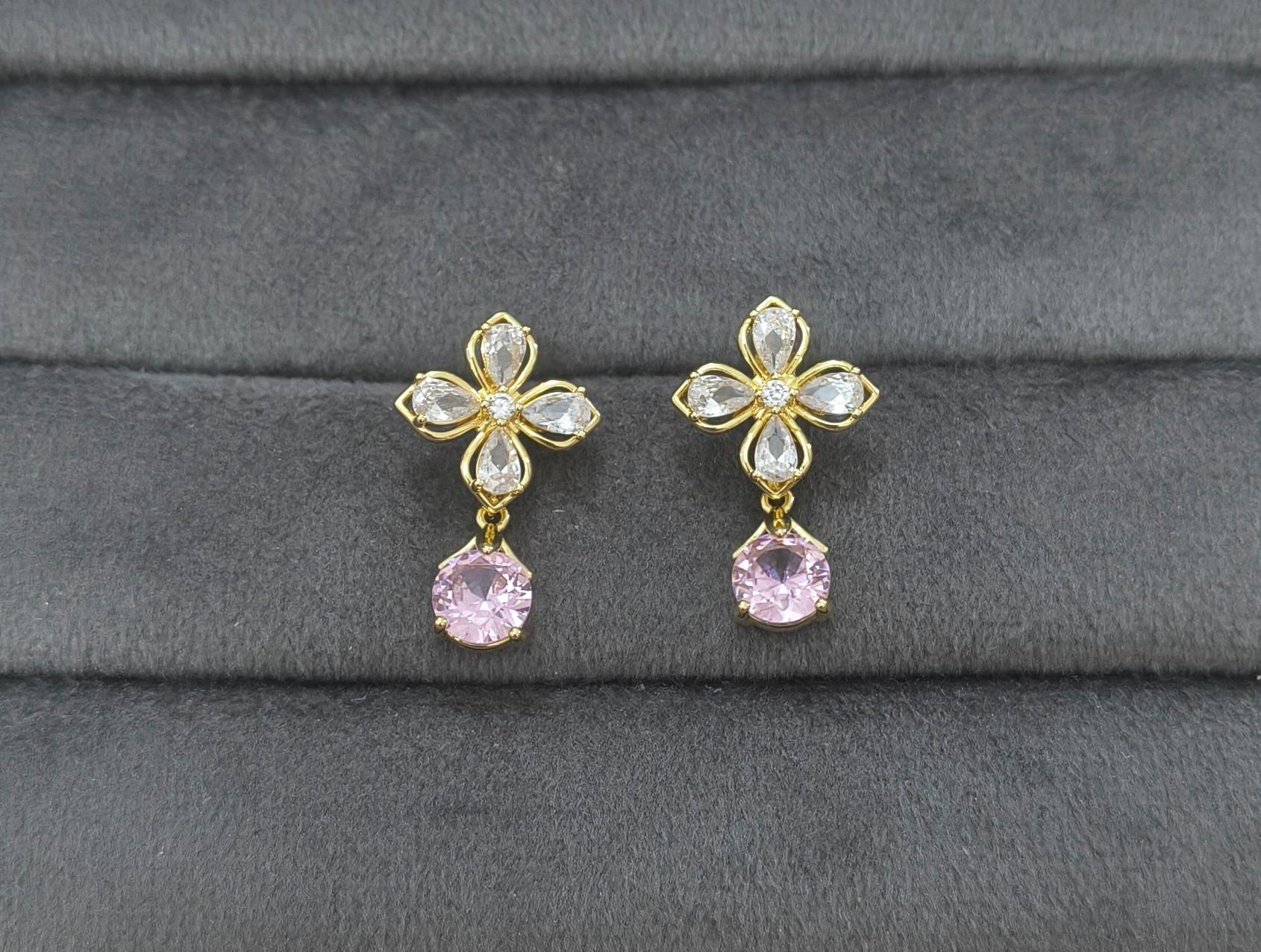 Anti Tarnish Floral Pink Stone Drop Earring 18K Gold Plated