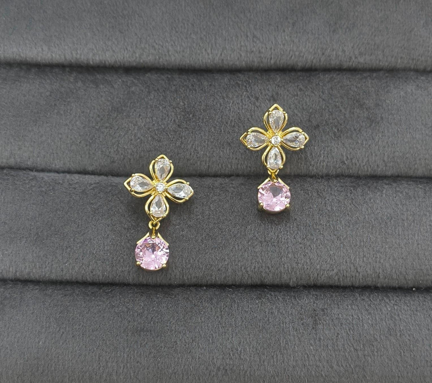 Anti Tarnish Floral Pink Stone Drop Earring 18K Gold Plated