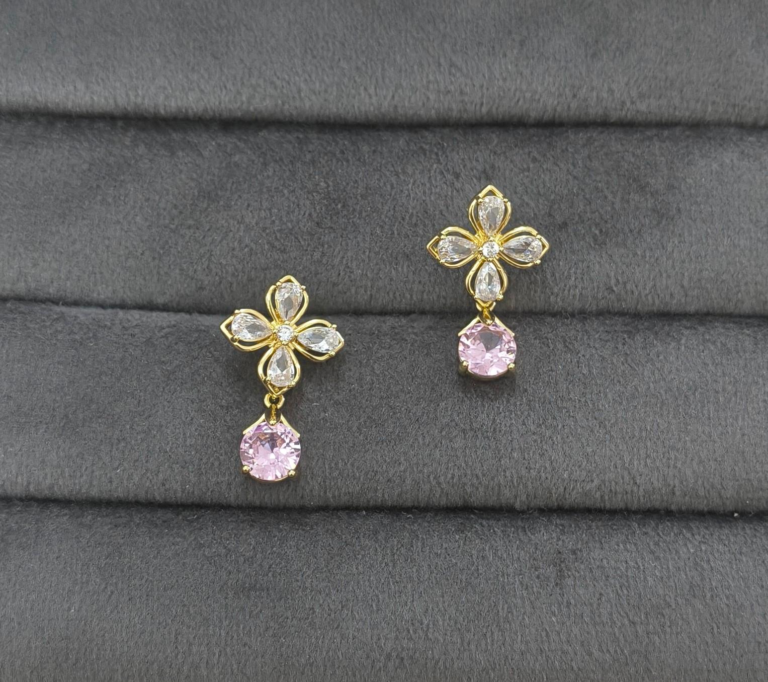 Anti Tarnish Floral Pink Stone Drop Earring 18K Gold Plated