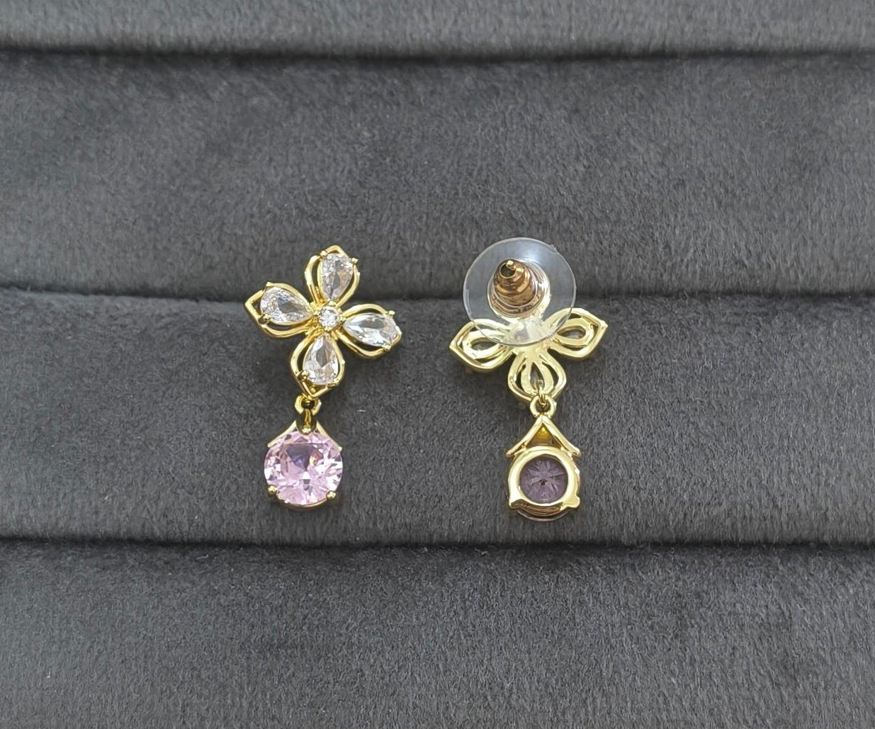 Anti Tarnish Floral Pink Stone Drop Earring 18K Gold Plated