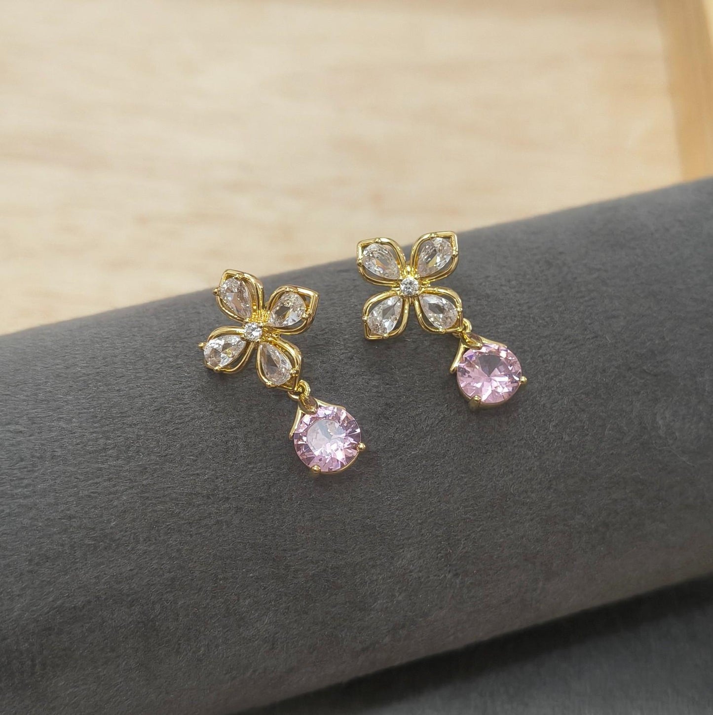 Anti Tarnish Floral Pink Stone Drop Earring 18K Gold Plated