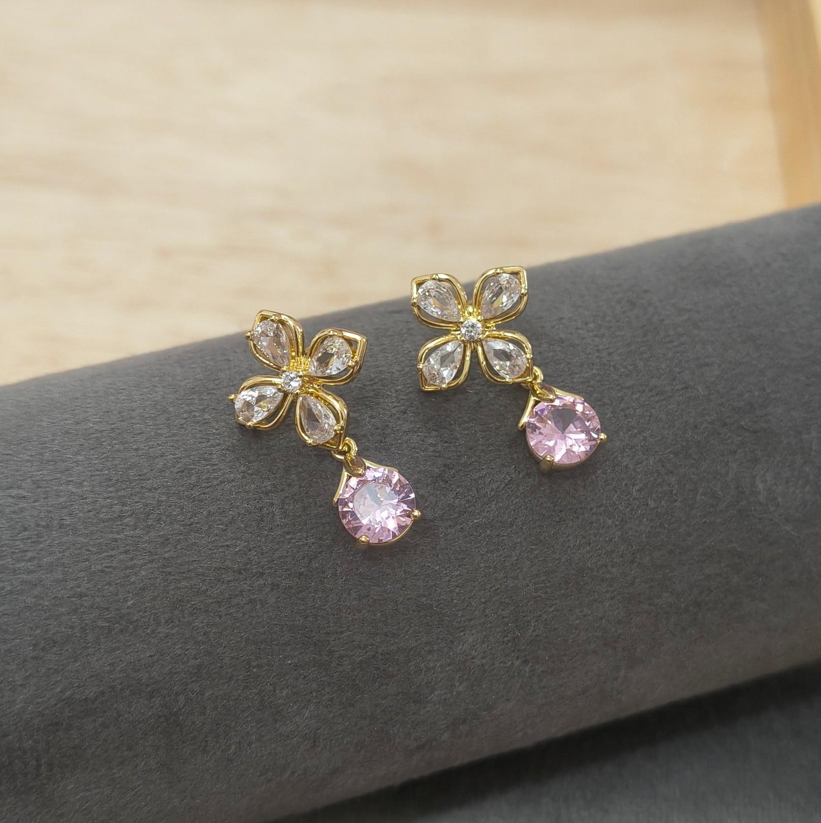 Anti Tarnish Floral Pink Stone Drop Earring 18K Gold Plated