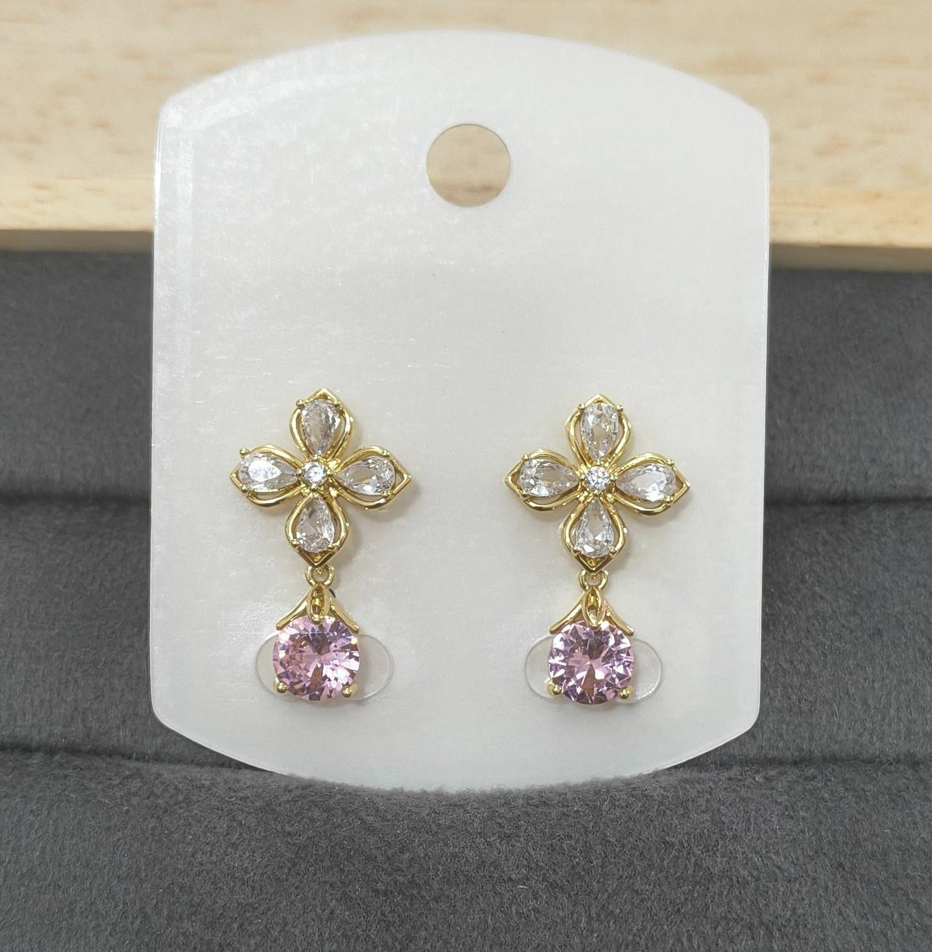 Anti Tarnish Floral Pink Stone Drop Earring 18K Gold Plated