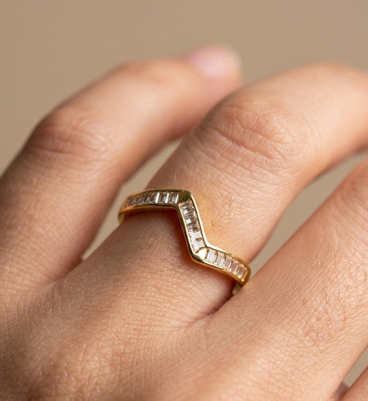 Anti Tarnish Geometric Crystal V shape Ring 18K Gold Plated