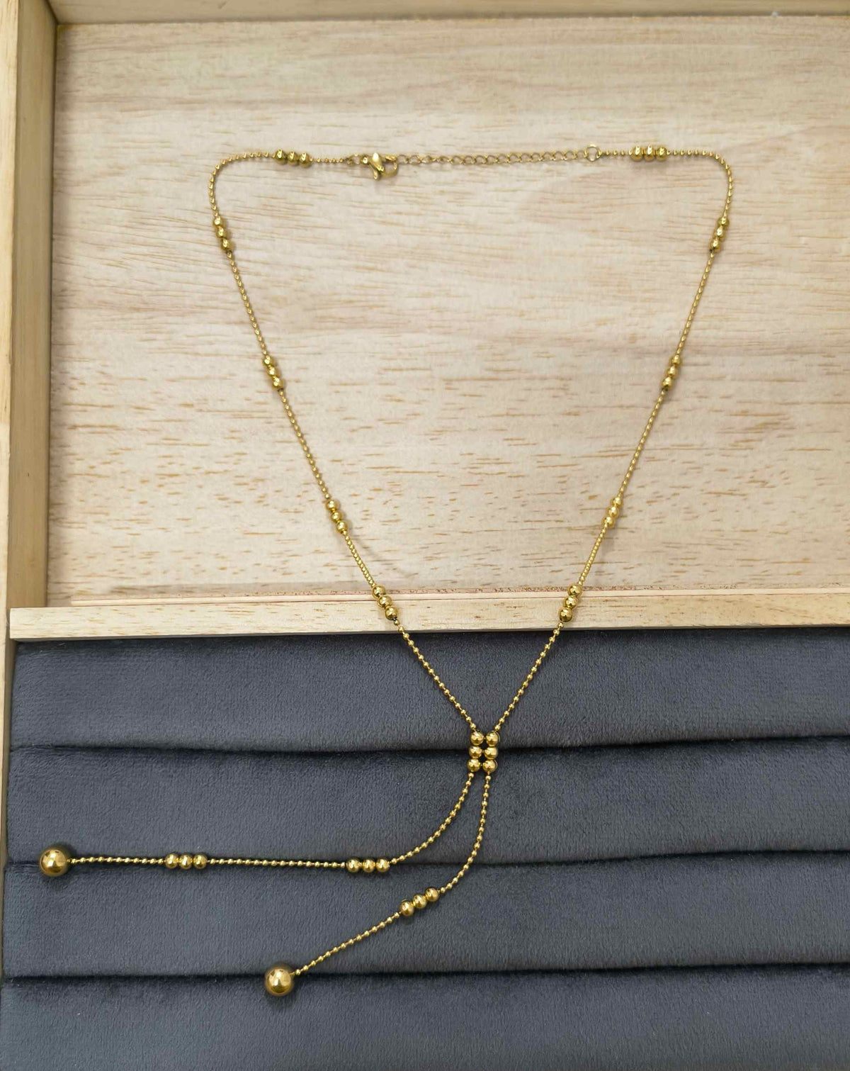 Anti Tarnish Golden Bead Drop Y Necklace 18K Gold Plated