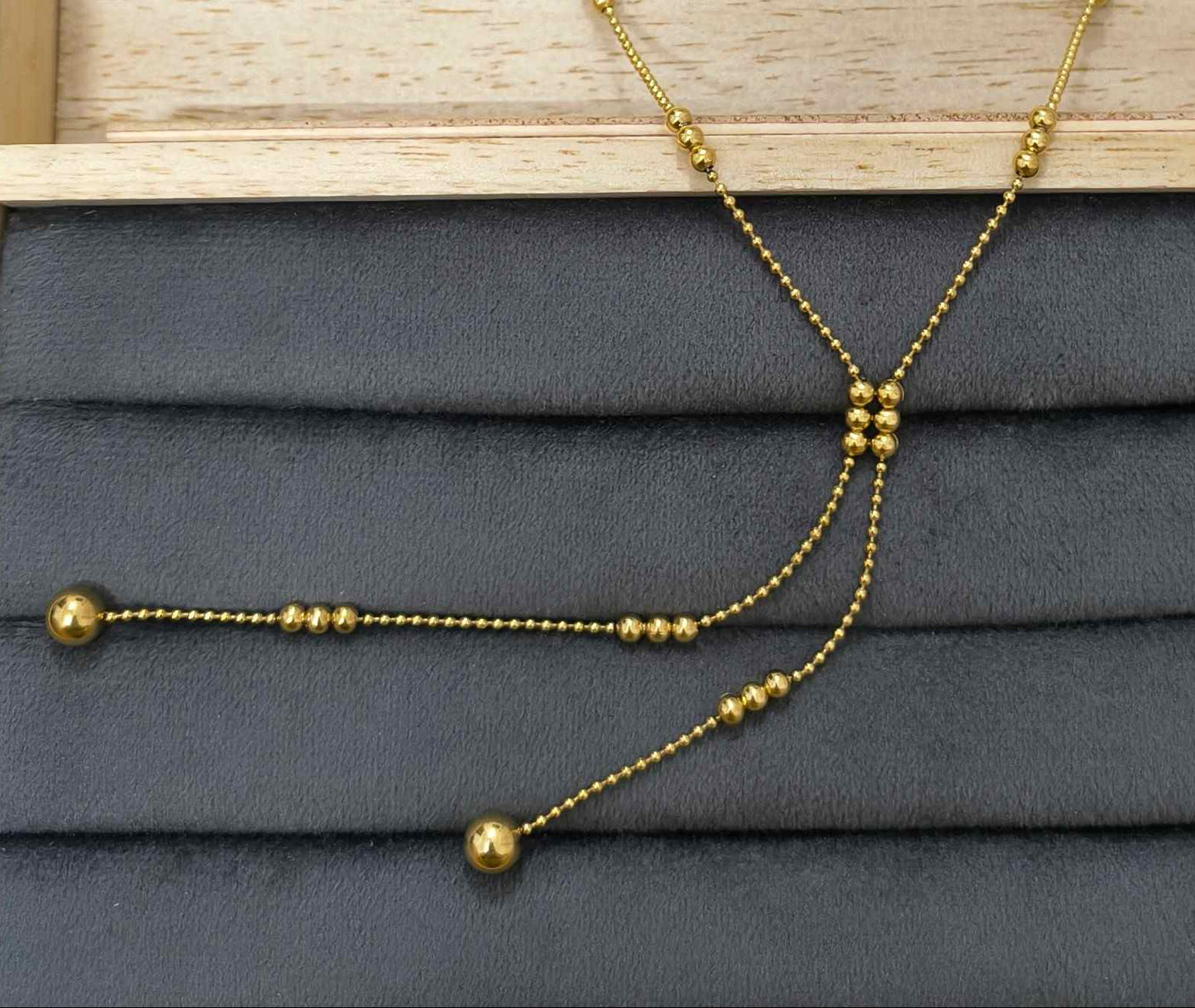 Anti Tarnish Golden Bead Drop Y Necklace 18K Gold Plated