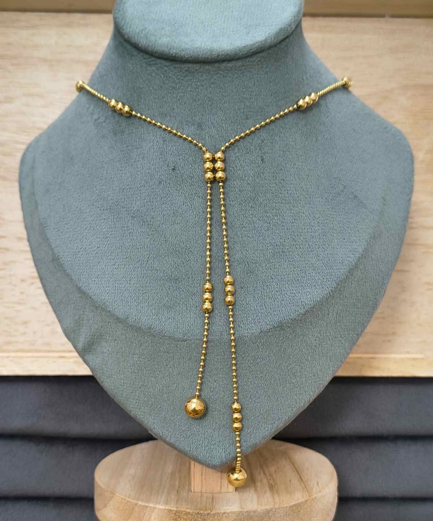 Anti Tarnish Golden Bead Drop Y Necklace 18K Gold Plated