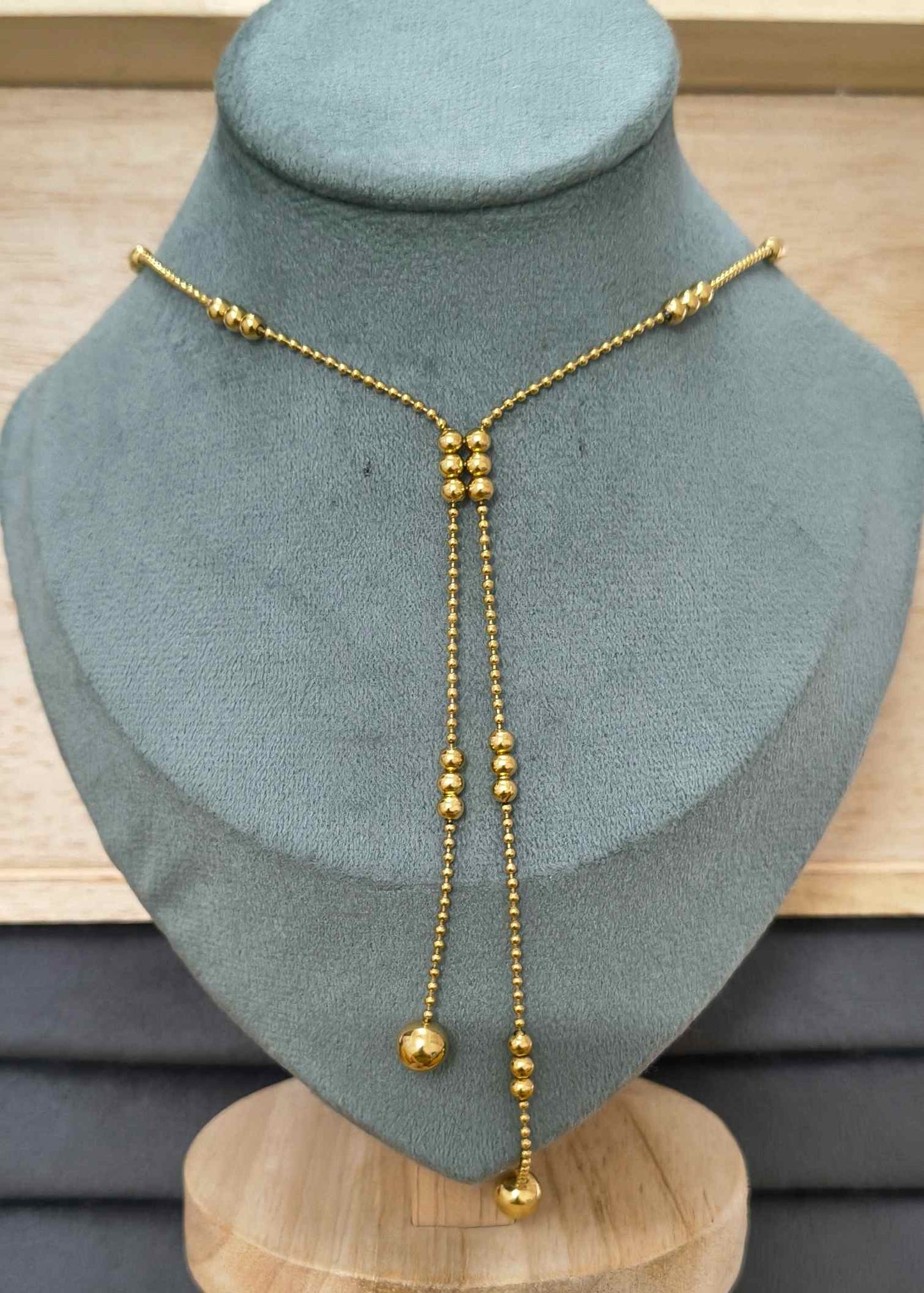 Anti Tarnish Golden Bead Drop Y Necklace 18K Gold Plated