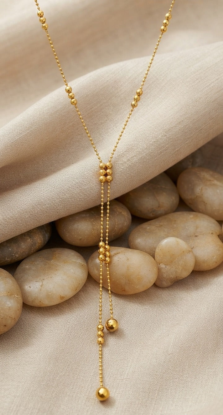 Anti Tarnish Golden Bead Drop Y Necklace 18K Gold Plated