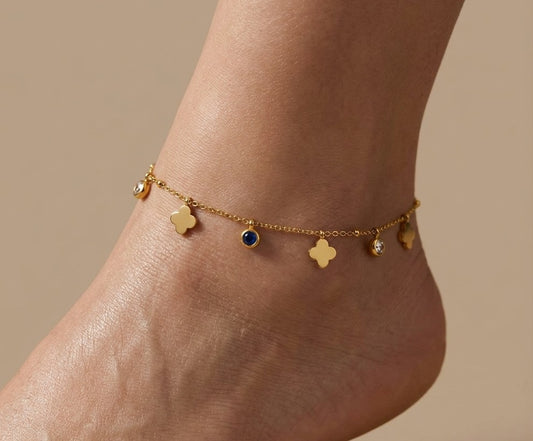 Anti Tarnish Golden Clover Charm Anklet 18K Gold Plated